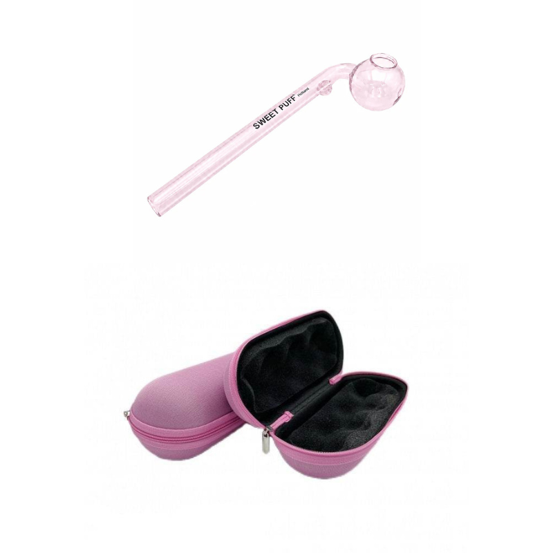 Matching Colour Sweet Puff Glass Pipe & Large Case Bundle Pink