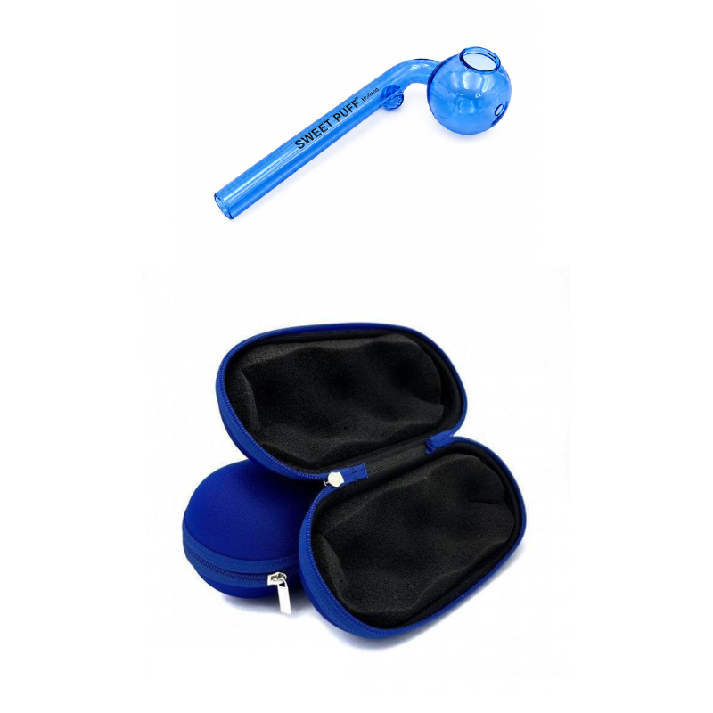 Matching Colour Sweet Puff Glass Pipe & Medium Case Bundle Blue