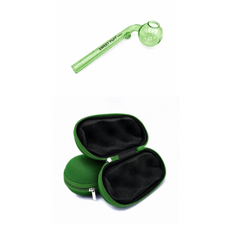 Matching Colour Sweet Puff Glass Pipe & Medium Case Bundle Green