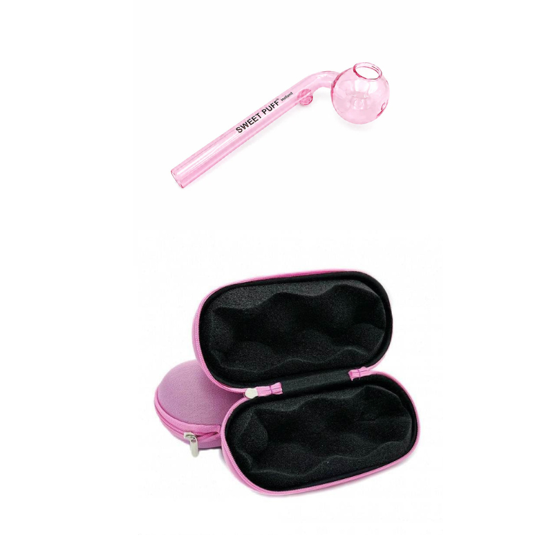 Matching Colour Sweet Puff Glass Pipe & Medium Case Bundle Pink