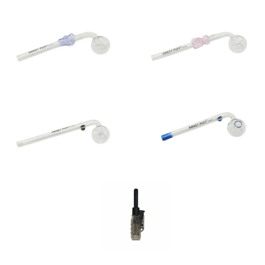 Mixed Designs Sweet Puff Glass Pipe Value Pack + Jet Lighter